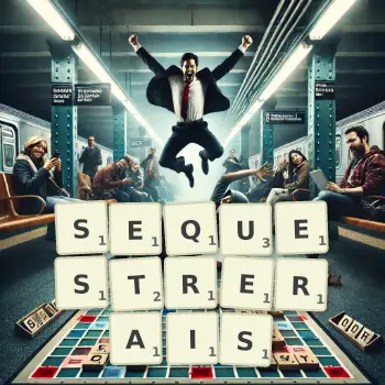 Illustration créative d'un jeu de lettres avec le mot SEQUESTRERAIS épelé sur le plateau.
