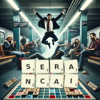 Illustration créative d'un jeu de lettres avec le mot SERANCAI épelé sur le plateau.