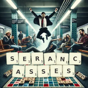 Illustration créative d'un jeu de lettres avec le mot SERANCASSES épelé sur le plateau.