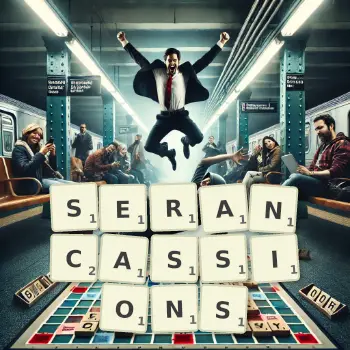 Illustration créative d'un jeu de lettres avec le mot SERANCASSIONS épelé sur le plateau.