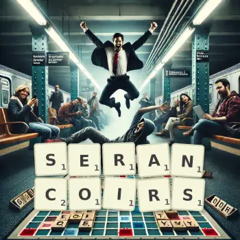 Illustration créative d'un jeu de lettres avec le mot SERANCOIRS épelé sur le plateau.