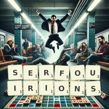 Illustration créative d'un jeu de lettres avec le mot SERFOUIRIONS épelé sur le plateau.