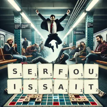 Illustration créative d'un jeu de lettres avec le mot SERFOUISSAIT épelé sur le plateau.