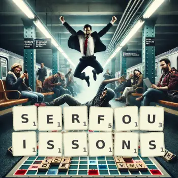 Illustration créative d'un jeu de lettres avec le mot SERFOUISSONS épelé sur le plateau.