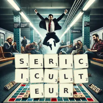 Illustration créative d'un jeu de lettres avec le mot SERICICULTEUR épelé sur le plateau.