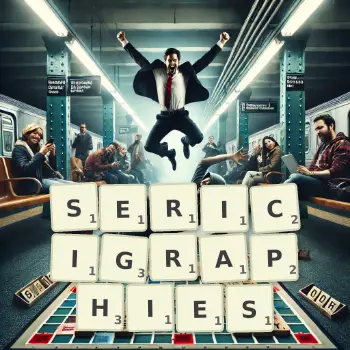 Illustration créative d'un jeu de lettres avec le mot SERICIGRAPHIES épelé sur le plateau.