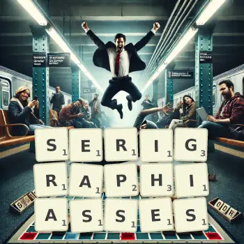 Illustration créative d'un jeu de lettres avec le mot SERIGRAPHIASSES épelé sur le plateau.