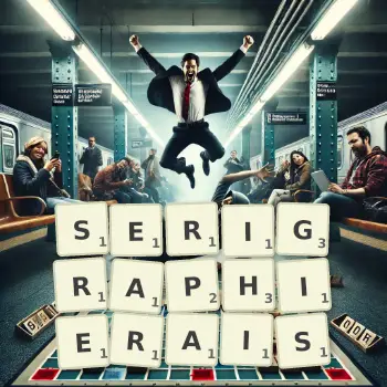 Illustration créative d'un jeu de lettres avec le mot SERIGRAPHIERAIS épelé sur le plateau.