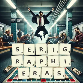 Illustration créative d'un jeu de lettres avec le mot SERIGRAPHIERAS épelé sur le plateau.