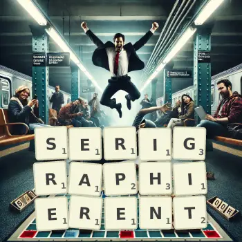 Illustration créative d'un jeu de lettres avec le mot SERIGRAPHIERENT épelé sur le plateau.
