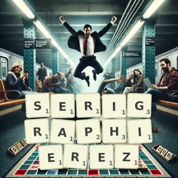 Illustration créative d'un jeu de lettres avec le mot SERIGRAPHIEREZ épelé sur le plateau.