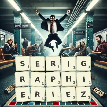 Illustration créative d'un jeu de lettres avec le mot SERIGRAPHIERIEZ épelé sur le plateau.