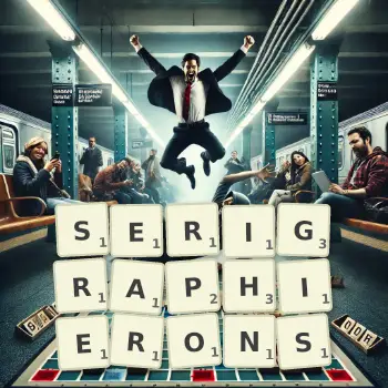 Illustration créative d'un jeu de lettres avec le mot SERIGRAPHIERONS épelé sur le plateau.