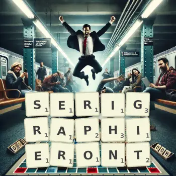 Illustration créative d'un jeu de lettres avec le mot SERIGRAPHIERONT épelé sur le plateau.