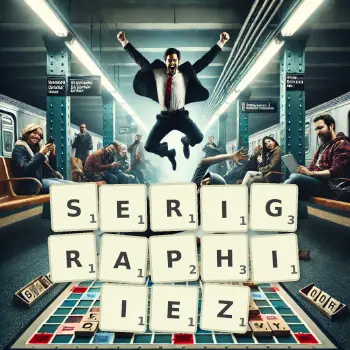Illustration créative d'un jeu de lettres avec le mot SERIGRAPHIIEZ épelé sur le plateau.