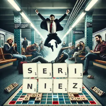 Illustration créative d'un jeu de lettres avec le mot SERINIEZ épelé sur le plateau.