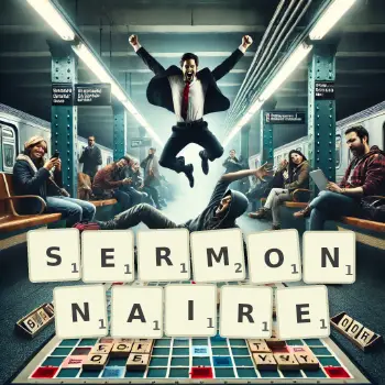 Illustration créative d'un jeu de lettres avec le mot SERMONNAIRE épelé sur le plateau.