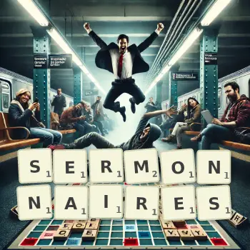 Illustration créative d'un jeu de lettres avec le mot SERMONNAIRES épelé sur le plateau.
