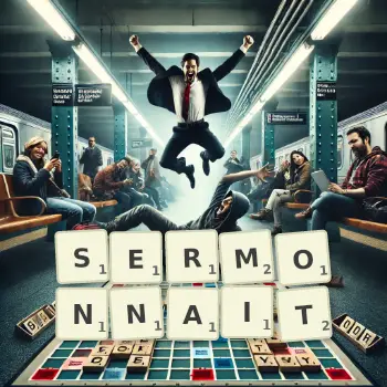 Illustration créative d'un jeu de lettres avec le mot SERMONNAIT épelé sur le plateau.