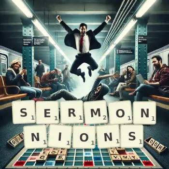 Illustration créative d'un jeu de lettres avec le mot SERMONNIONS épelé sur le plateau.