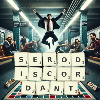 Illustration créative d'un jeu de lettres avec le mot SERODISCORDANT épelé sur le plateau.