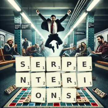 Illustration créative d'un jeu de lettres avec le mot SERPENTERIONS épelé sur le plateau.
