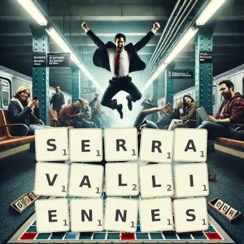 Illustration créative d'un jeu de lettres avec le mot SERRAVALLIENNES épelé sur le plateau.