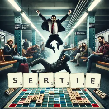 Illustration créative d'un jeu de lettres avec le mot SERTIE épelé sur le plateau.