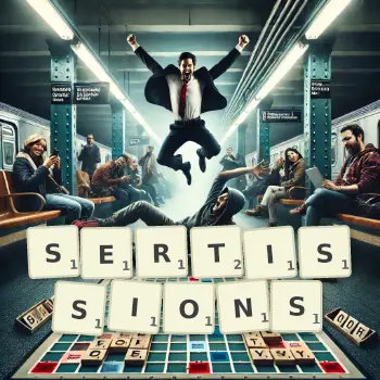 Illustration créative d'un jeu de lettres avec le mot SERTISSIONS épelé sur le plateau.