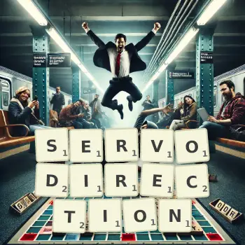 Illustration créative d'un jeu de lettres avec le mot SERVODIRECTION épelé sur le plateau.