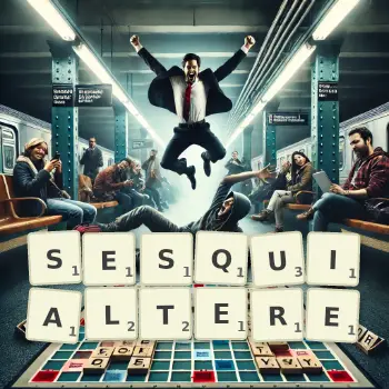 Illustration créative d'un jeu de lettres avec le mot SESQUIALTERE épelé sur le plateau.