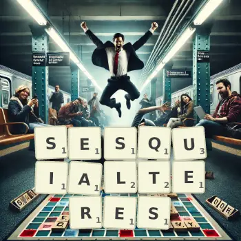 Illustration créative d'un jeu de lettres avec le mot SESQUIALTERES épelé sur le plateau.