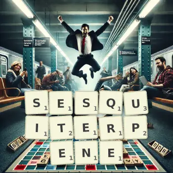 Illustration créative d'un jeu de lettres avec le mot SESQUITERPENE épelé sur le plateau.