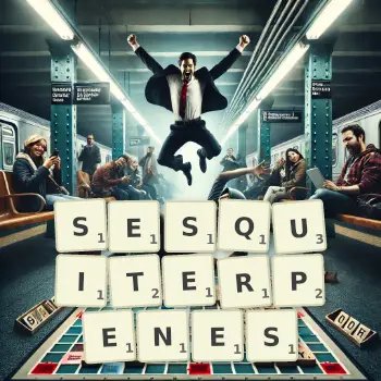 Illustration créative d'un jeu de lettres avec le mot SESQUITERPENES épelé sur le plateau.