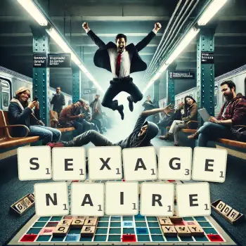 Illustration créative d'un jeu de lettres avec le mot SEXAGENAIRE épelé sur le plateau.