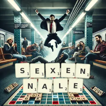 Illustration créative d'un jeu de lettres avec le mot SEXENNALE épelé sur le plateau.