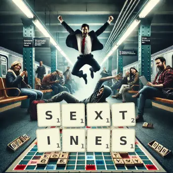 Illustration créative d'un jeu de lettres avec le mot SEXTINES épelé sur le plateau.