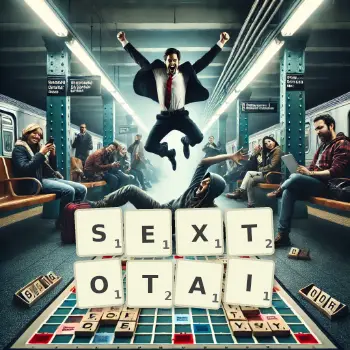 Illustration créative d'un jeu de lettres avec le mot SEXTOTAI épelé sur le plateau.