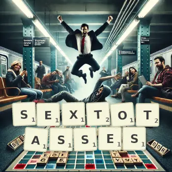 Illustration créative d'un jeu de lettres avec le mot SEXTOTASSES épelé sur le plateau.