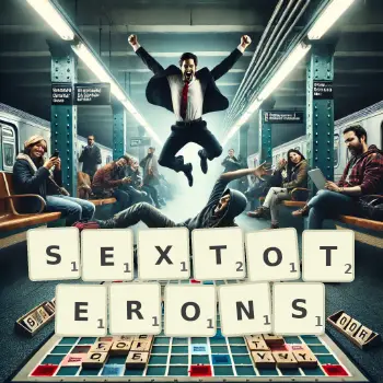 Illustration créative d'un jeu de lettres avec le mot SEXTOTERONS épelé sur le plateau.