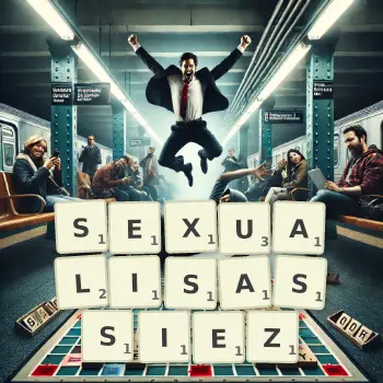 Illustration créative d'un jeu de lettres avec le mot SEXUALISASSIEZ épelé sur le plateau.