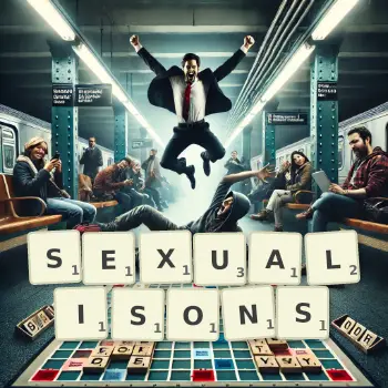 Illustration créative d'un jeu de lettres avec le mot SEXUALISONS épelé sur le plateau.