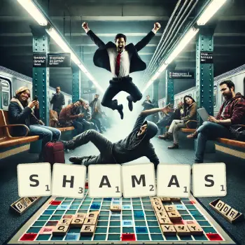 Illustration créative d'un jeu de lettres avec le mot SHAMAS épelé sur le plateau.