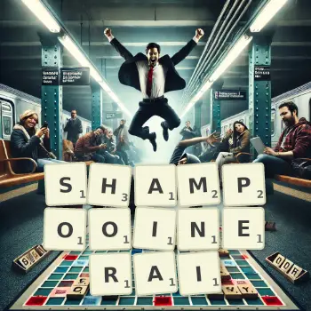 Illustration créative d'un jeu de lettres avec le mot SHAMPOOINERAI épelé sur le plateau.