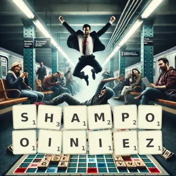 Illustration créative d'un jeu de lettres avec le mot SHAMPOOINIEZ épelé sur le plateau.