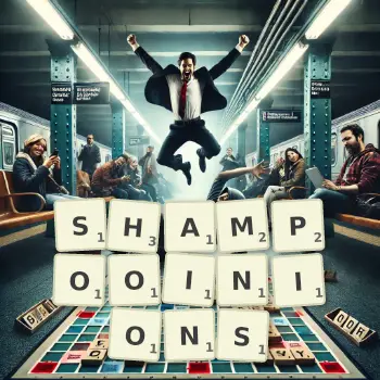 Illustration créative d'un jeu de lettres avec le mot SHAMPOOINIONS épelé sur le plateau.