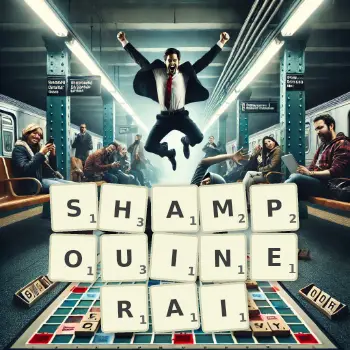 Illustration créative d'un jeu de lettres avec le mot SHAMPOUINERAI épelé sur le plateau.