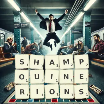 Illustration créative d'un jeu de lettres avec le mot SHAMPOUINERIONS épelé sur le plateau.