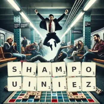 Illustration créative d'un jeu de lettres avec le mot SHAMPOUINIEZ épelé sur le plateau.