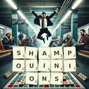 Illustration créative d'un jeu de lettres avec le mot SHAMPOUINIONS épelé sur le plateau.